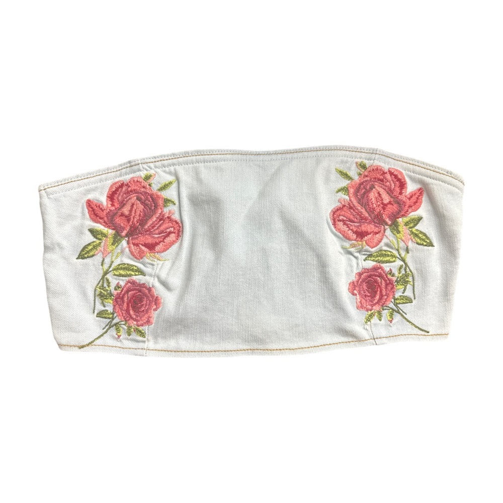 Forever 21 denim Strapless Bandeau Top with Pink Rose Embroidery